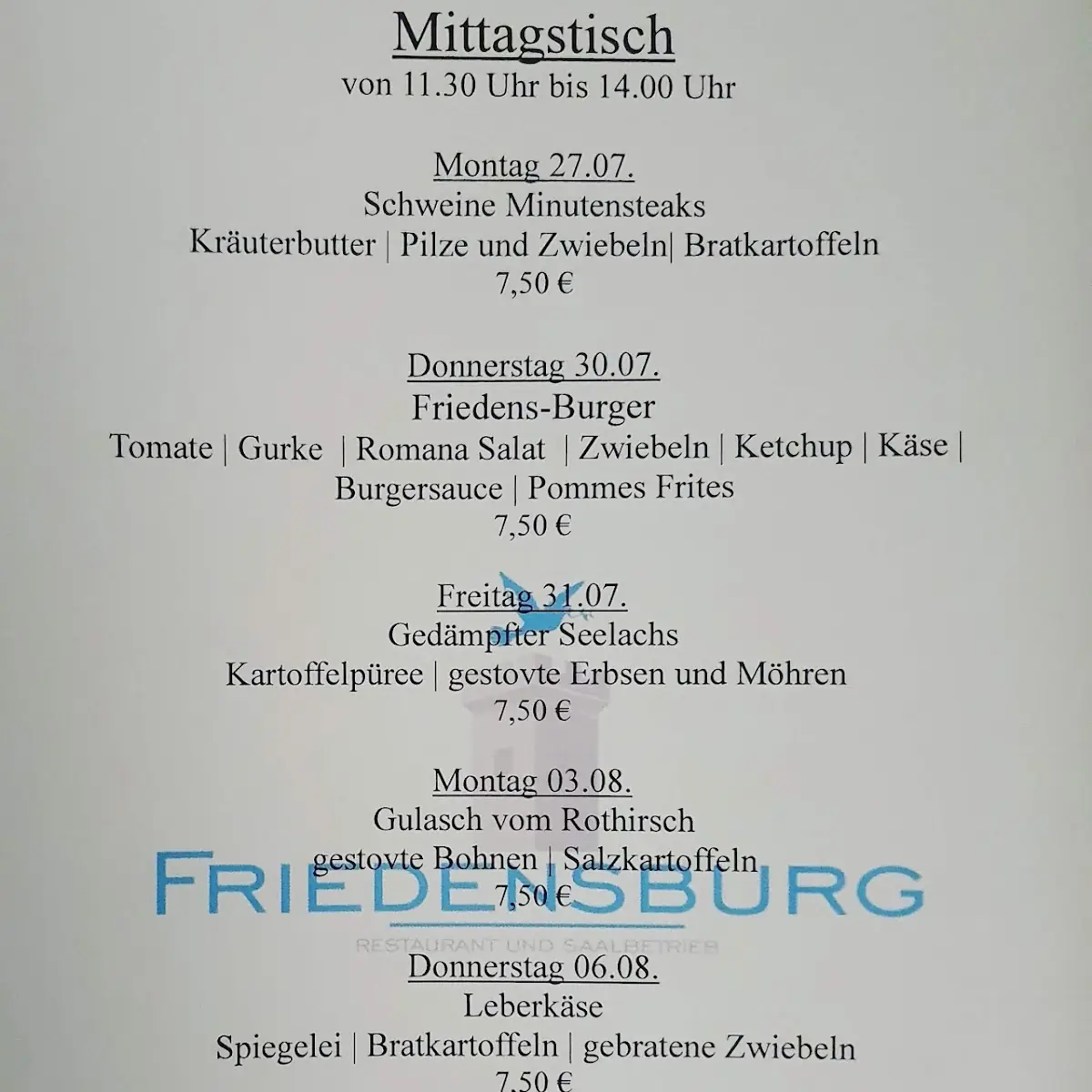 Speisekarte, Gaststätte Friedensburg Restaurant, Biergarten und Saalbetrieb - Bredstedt