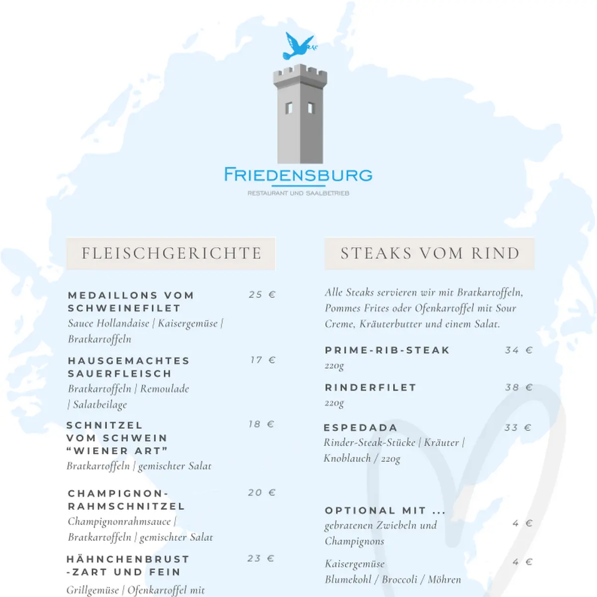 Speisekarte, Gaststätte Friedensburg Restaurant, Biergarten und Saalbetrieb - Bredstedt
