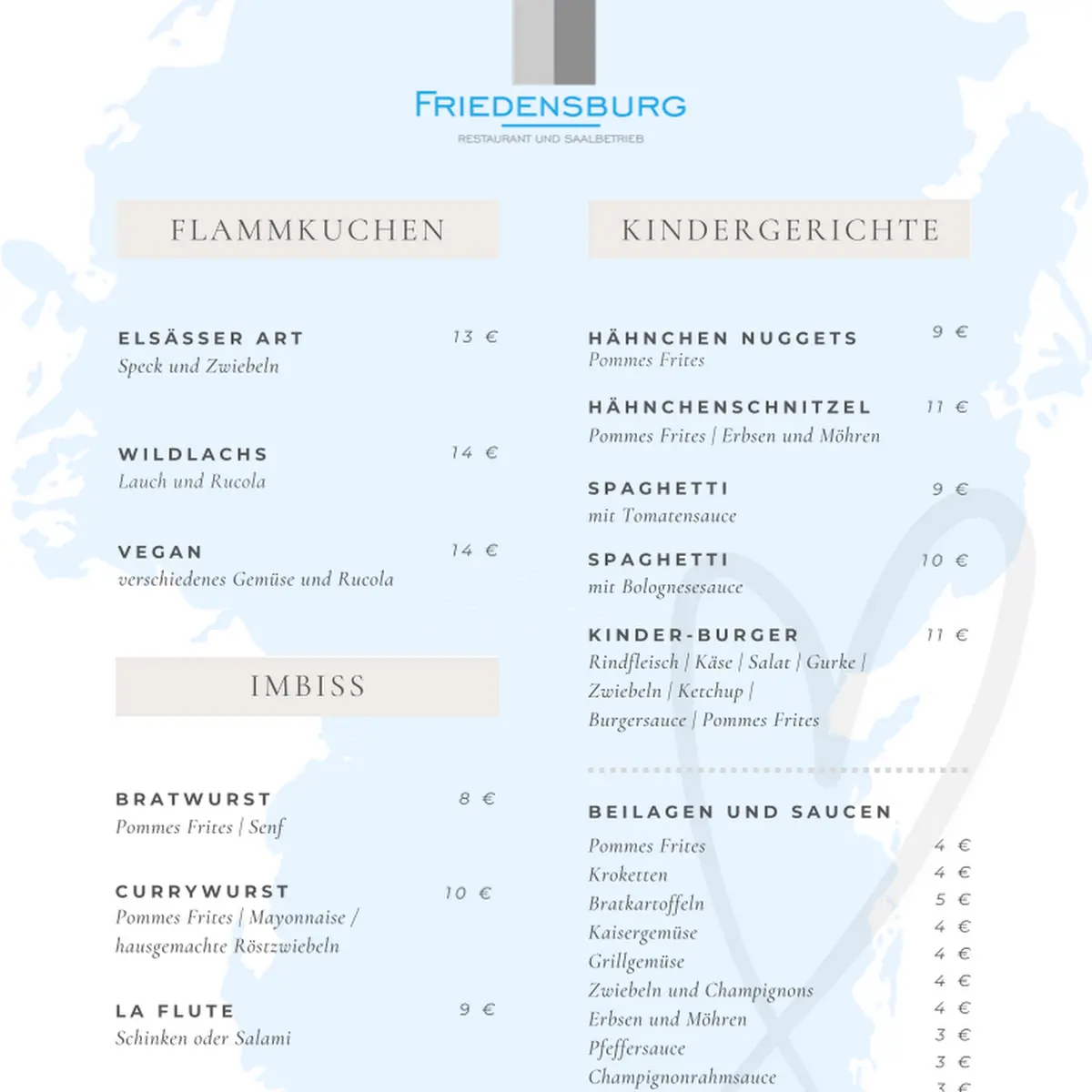 Speisekarte, Gaststätte Friedensburg Restaurant, Biergarten und Saalbetrieb - Bredstedt
