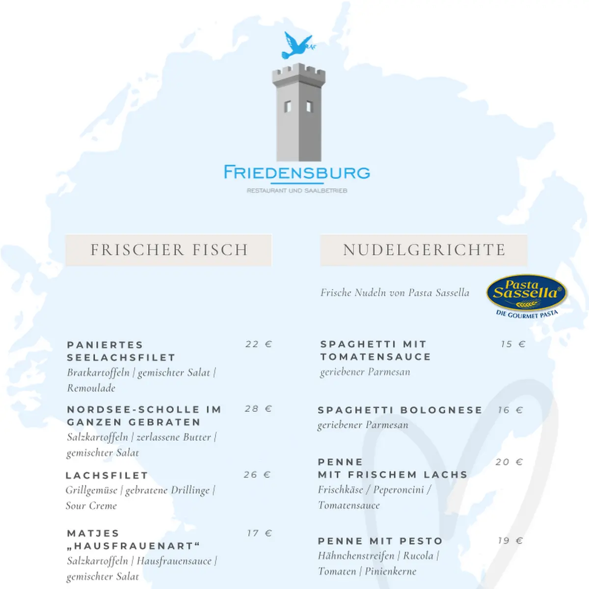 Speisekarte, Gaststätte Friedensburg Restaurant, Biergarten und Saalbetrieb - Bredstedt
