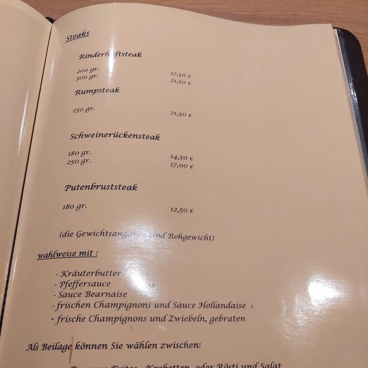 Speisekarte, Gaststätte Meat and More