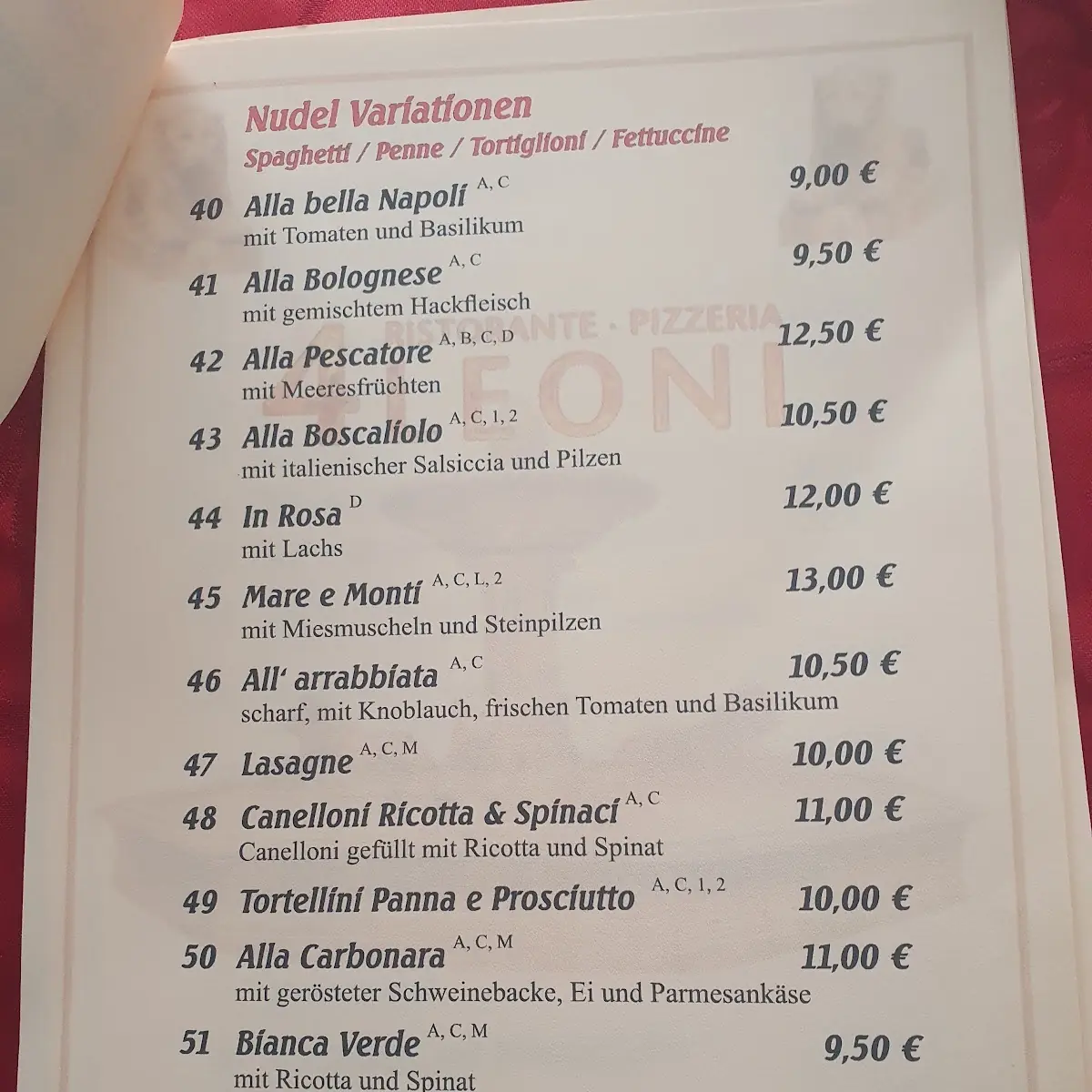 Speisekarte, Pizzeria 4 Leoni