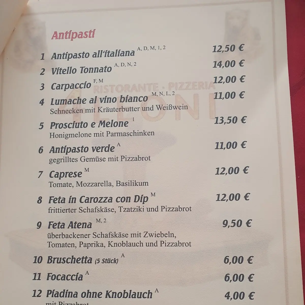 Speisekarte, Pizzeria 4 Leoni