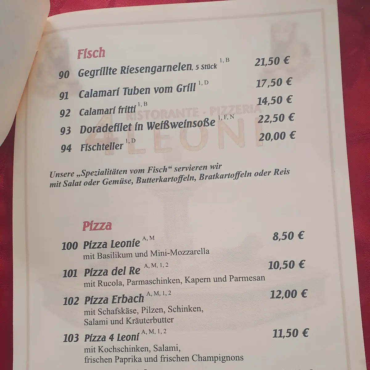 Speisekarte, Pizzeria 4 Leoni