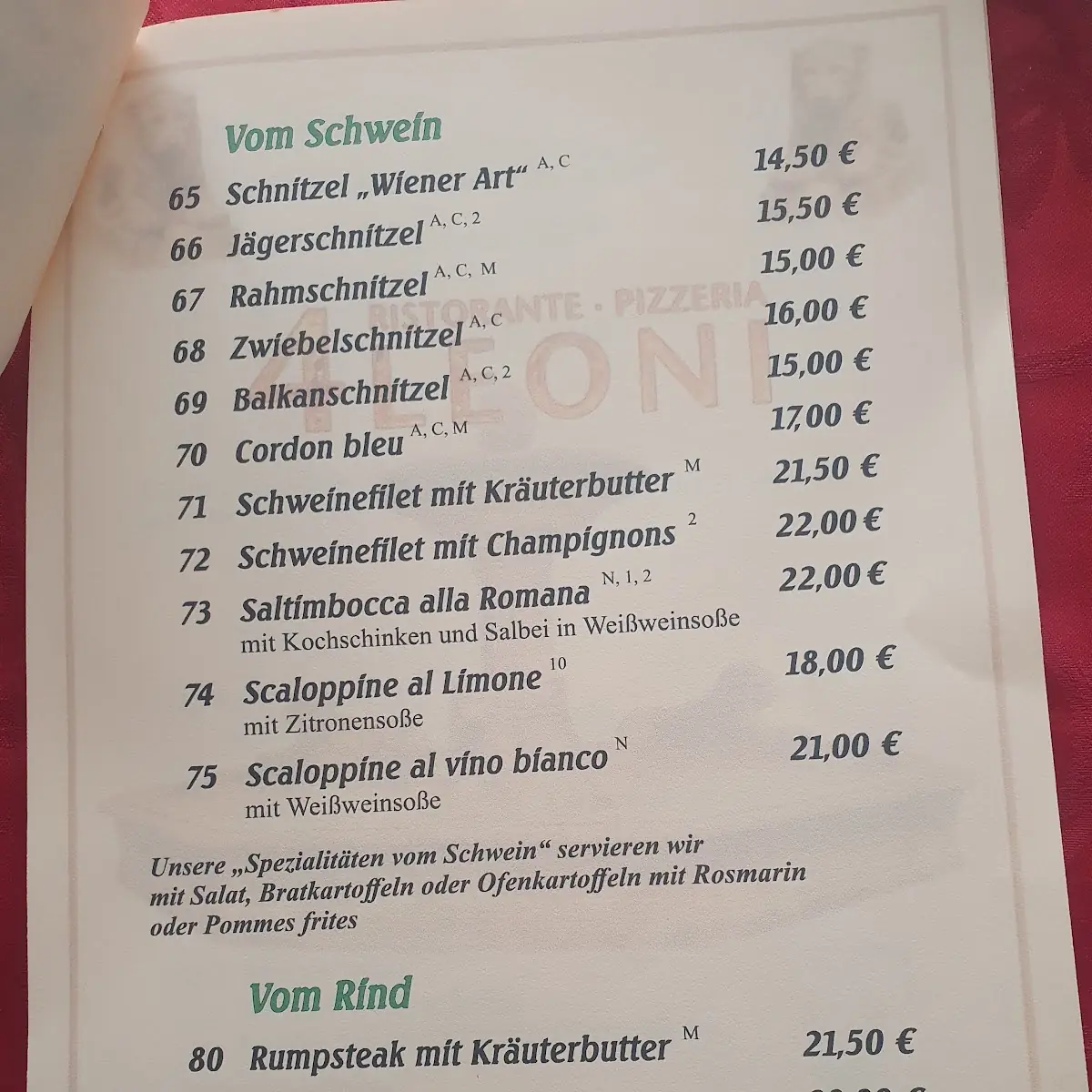 Speisekarte, Pizzeria 4 Leoni