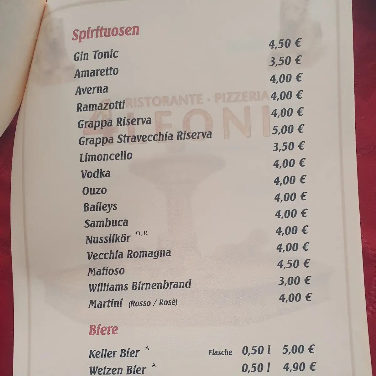 Speisekarte, Pizzeria 4 Leoni