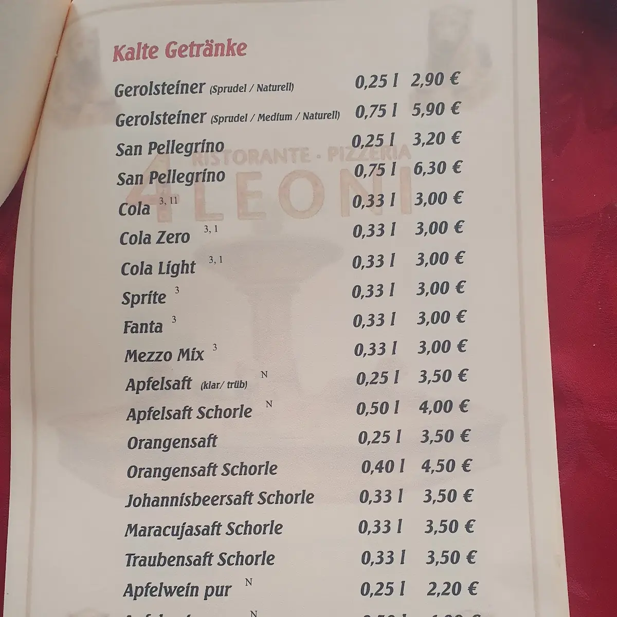 Speisekarte, Pizzeria 4 Leoni