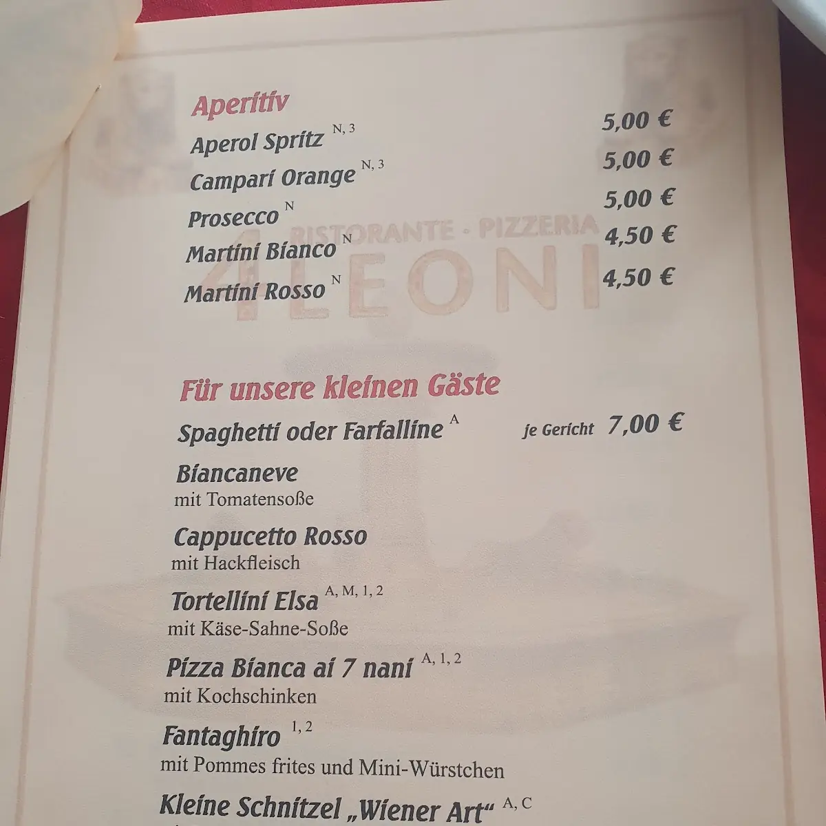 Speisekarte, Pizzeria 4 Leoni