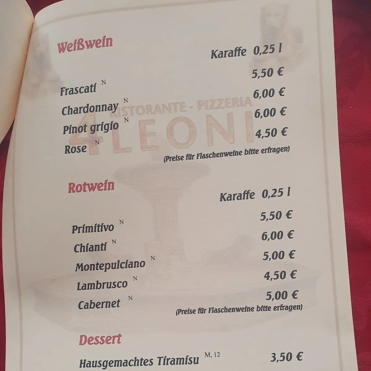 Speisekarte, Pizzeria 4 Leoni
