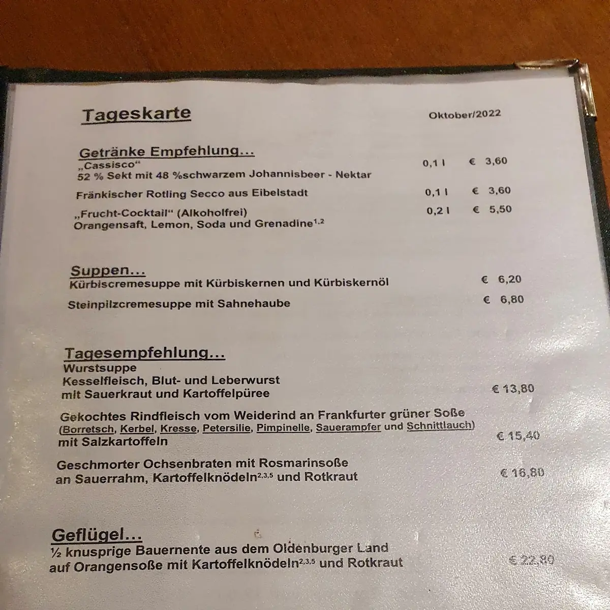 Speisekarte, Waldmichelbacher Hof