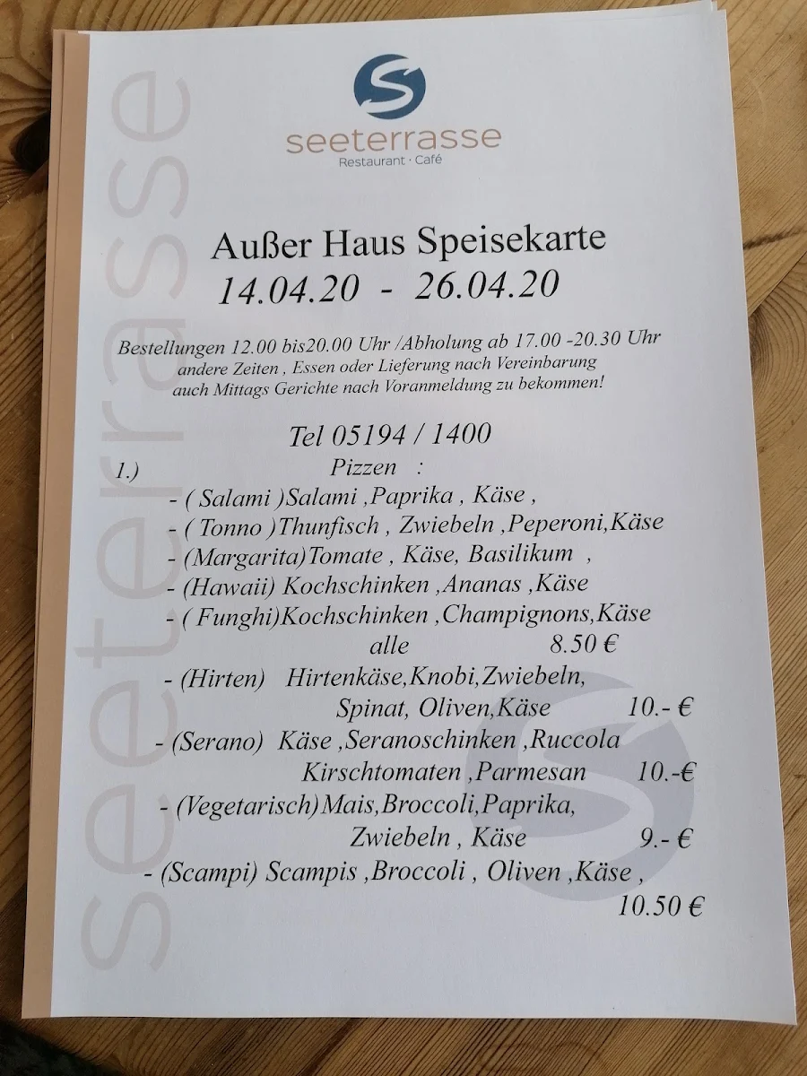 Speisekarte, Café Restaurant Seeterrasse