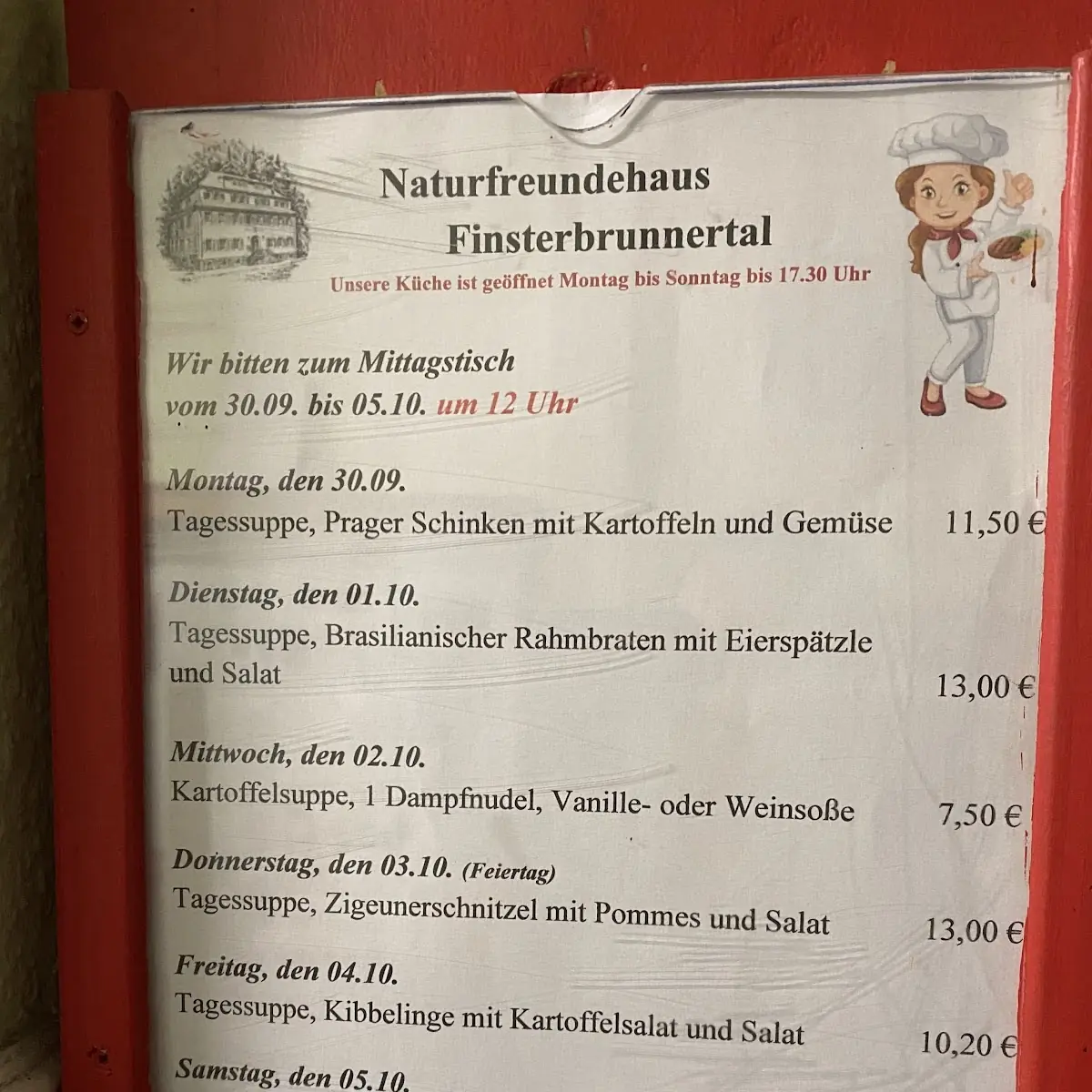 Speisekarte, Naturfreundehaus Finsterbrunnertal