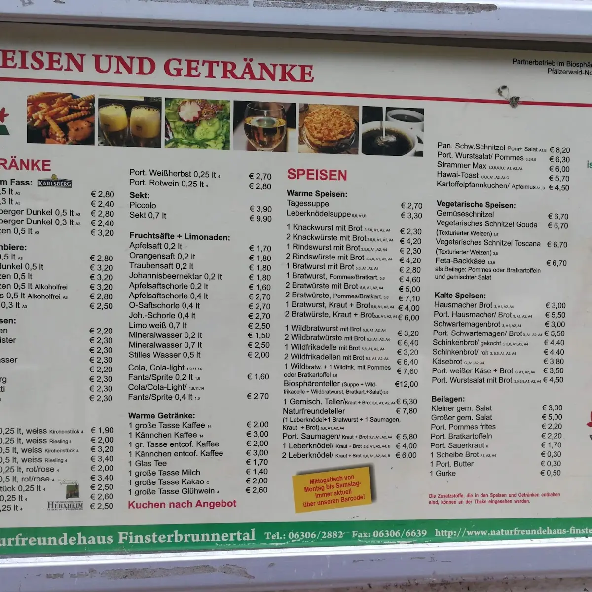Speisekarte, Naturfreundehaus Finsterbrunnertal