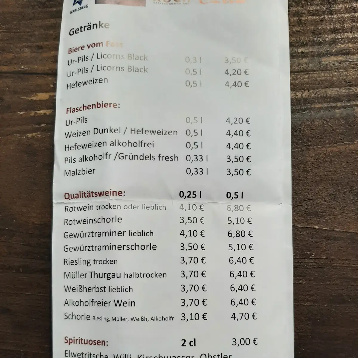 Speisekarte, Naturfreundehaus Finsterbrunnertal