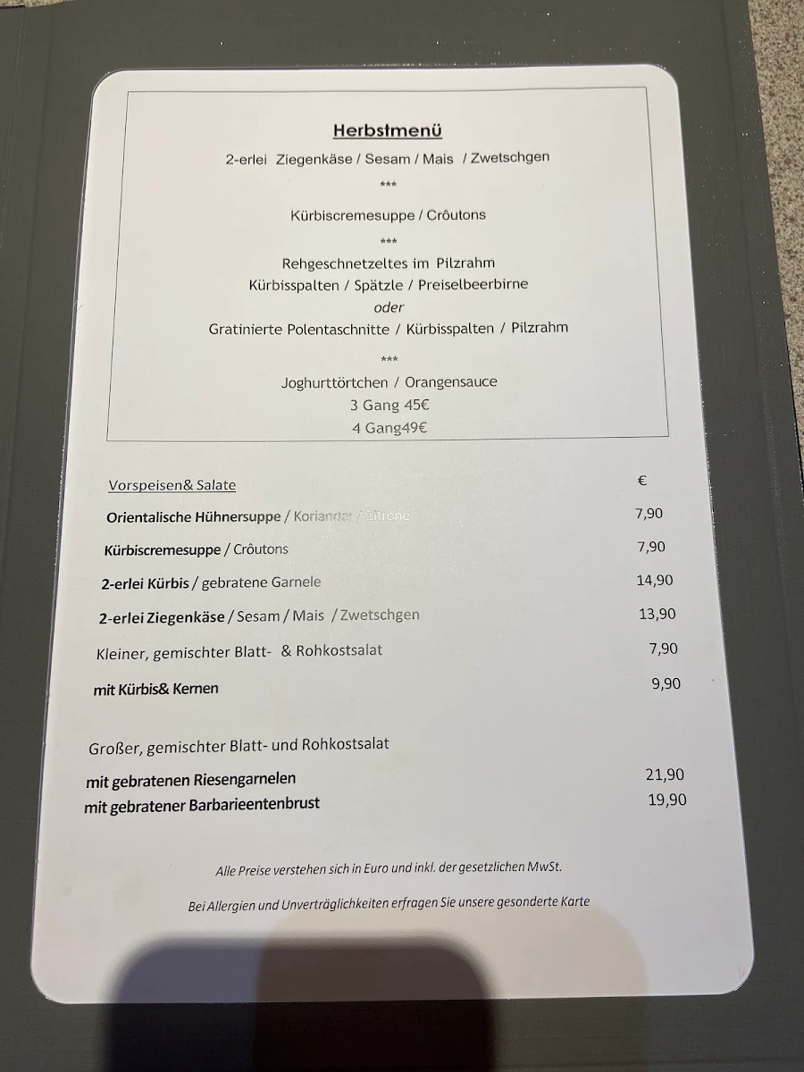 Speisekarte, Restaurant Zum Weinberg