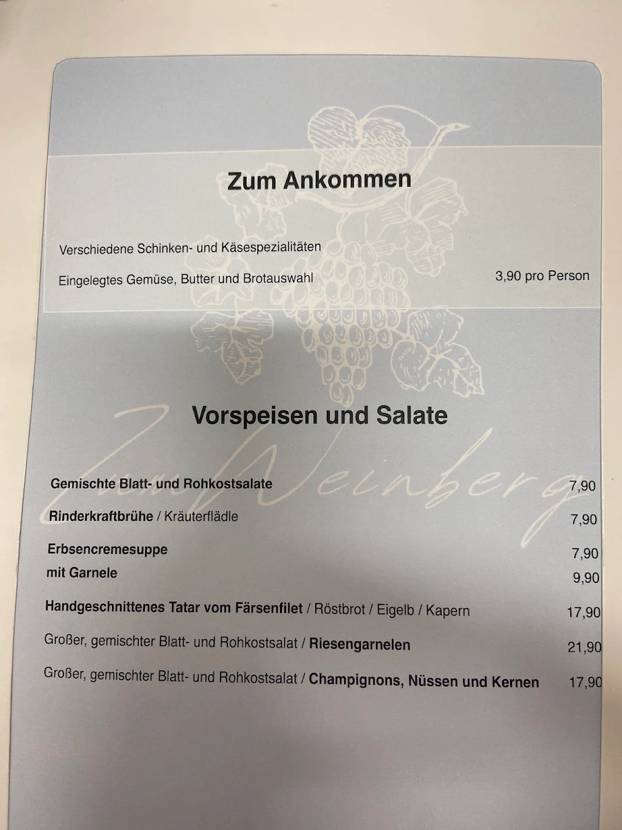 Speisekarte, Restaurant Zum Weinberg