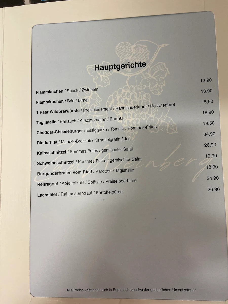 Speisekarte, Restaurant Zum Weinberg