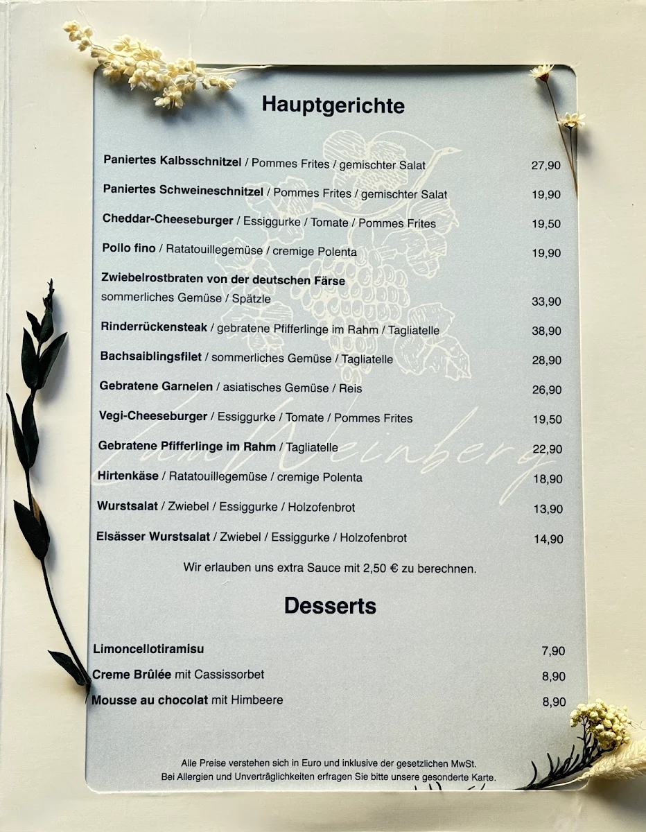Speisekarte, Restaurant Zum Weinberg