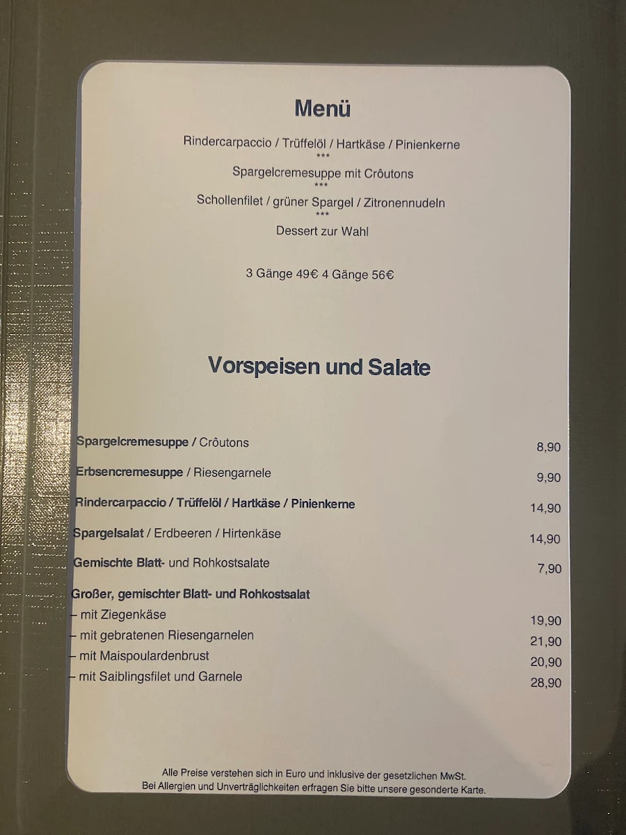 Speisekarte, Restaurant Zum Weinberg