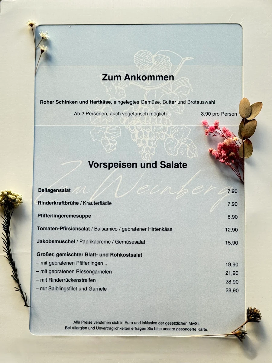 Speisekarte, Restaurant Zum Weinberg