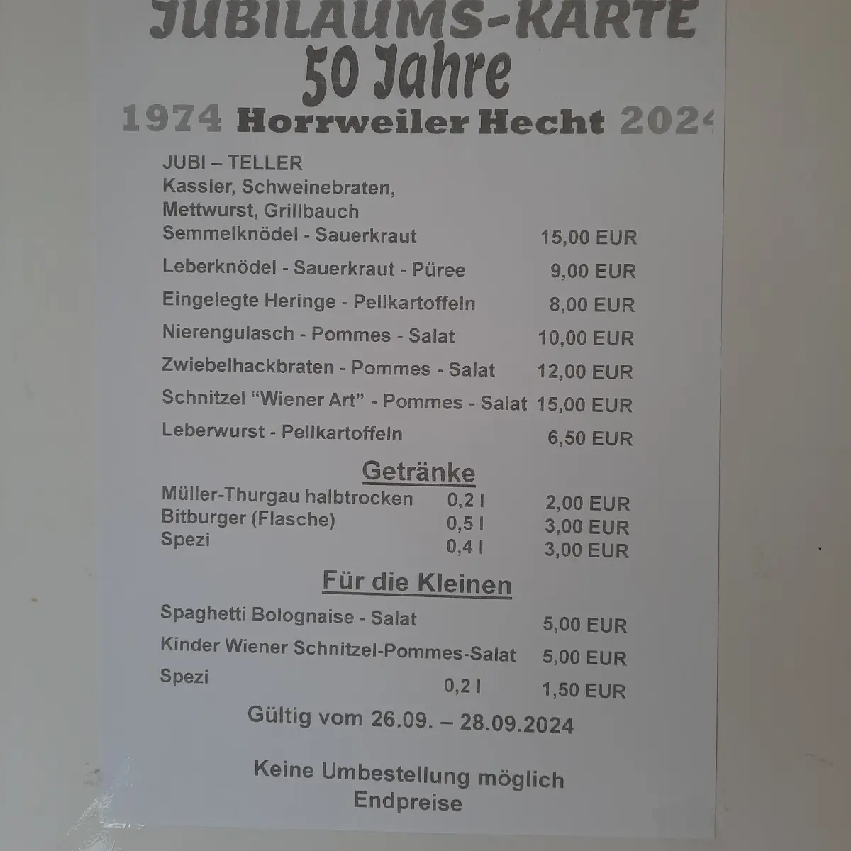 Speisekarte, Zum Horrweiler Hecht