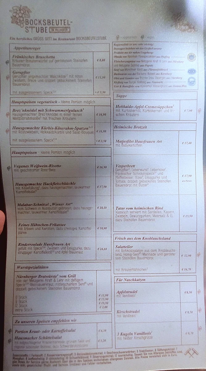Speisekarte, Hotel und Restaurant im Pillhofer