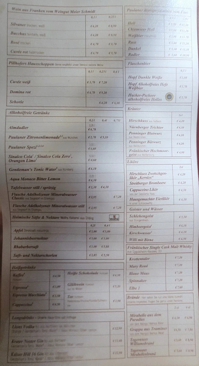 Speisekarte, Hotel und Restaurant im Pillhofer