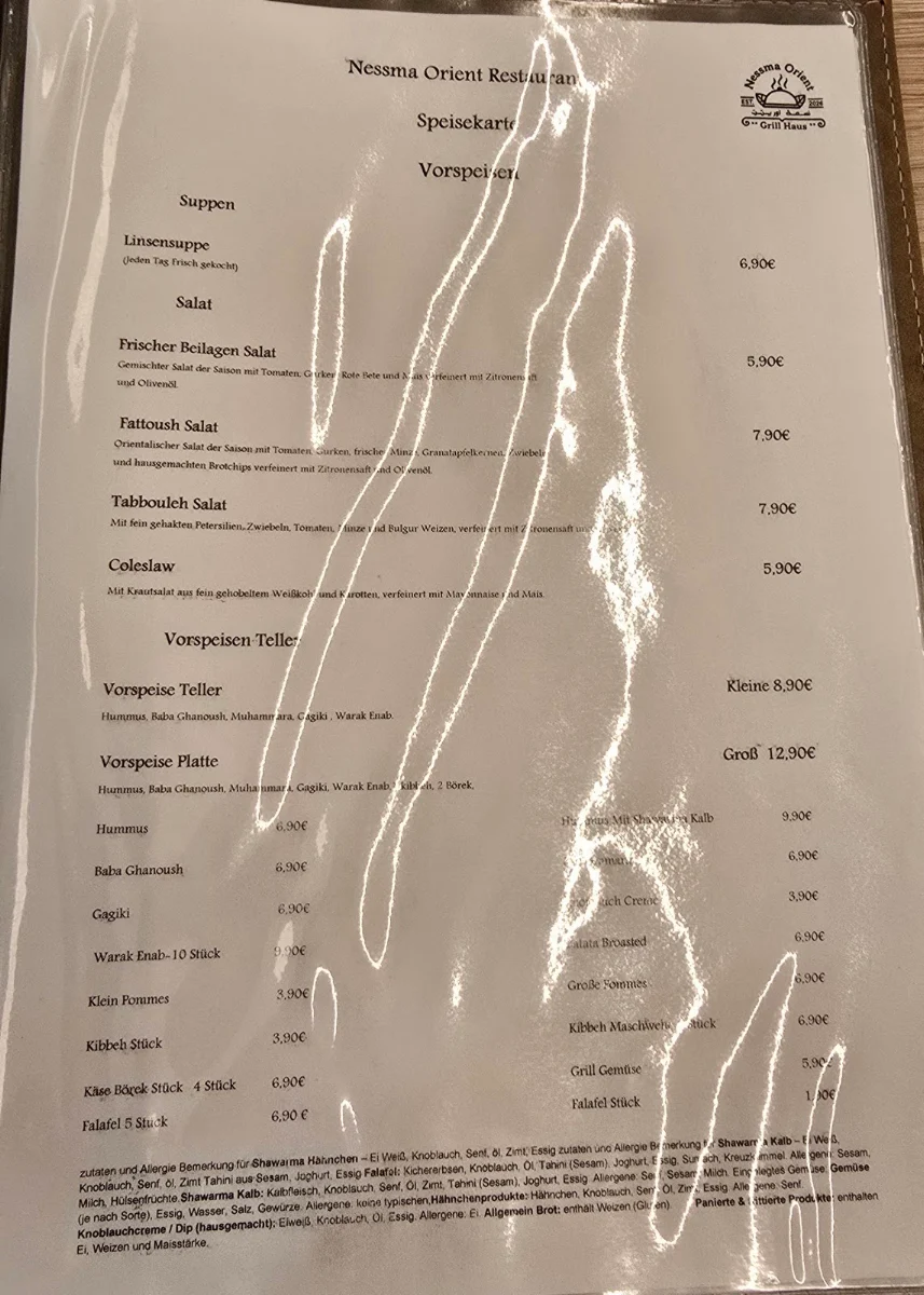Speisekarte, Nessma Orient Restaurant مطعم نسمة اورينت