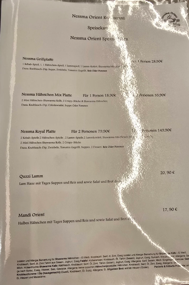 Speisekarte, Nessma Orient Restaurant مطعم نسمة اورينت