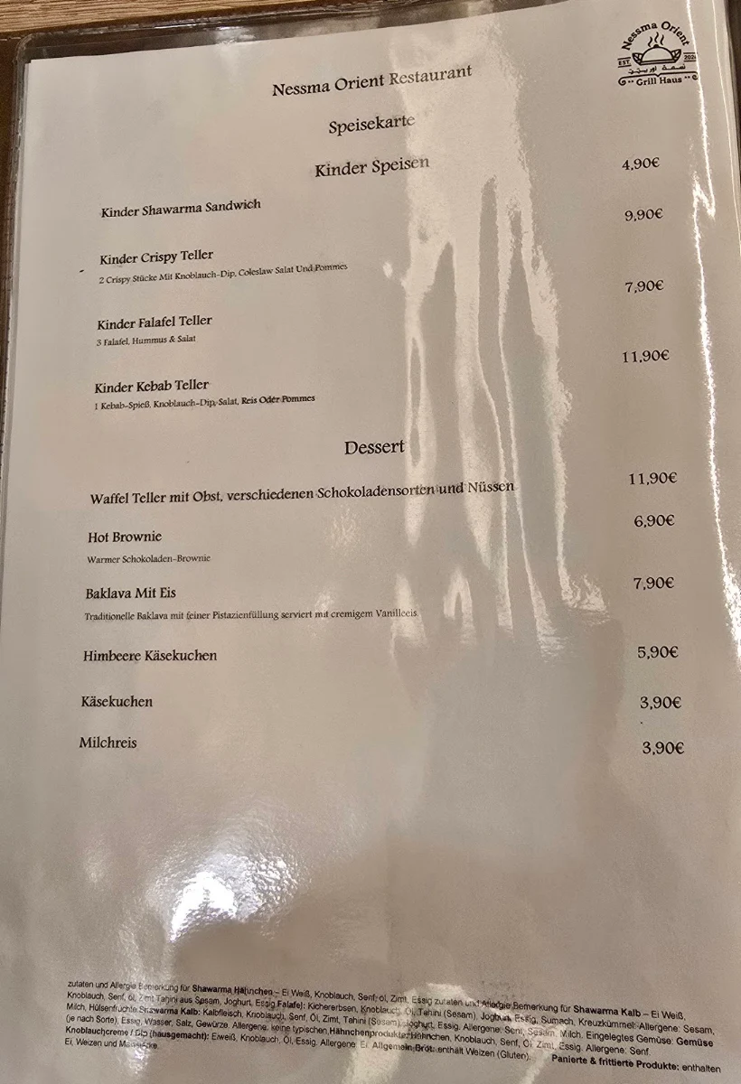 Speisekarte, Nessma Orient Restaurant مطعم نسمة اورينت