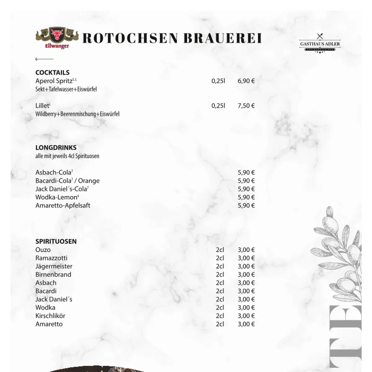 Speisekarte, Gasthaus Adler