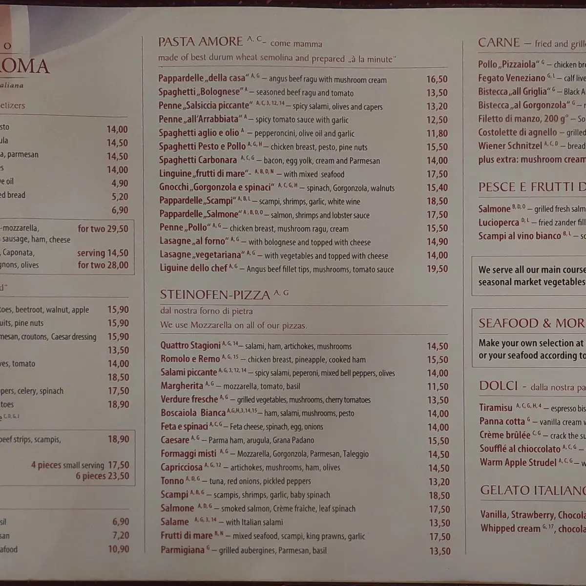 Speisekarte, Antica Roma Restaurant