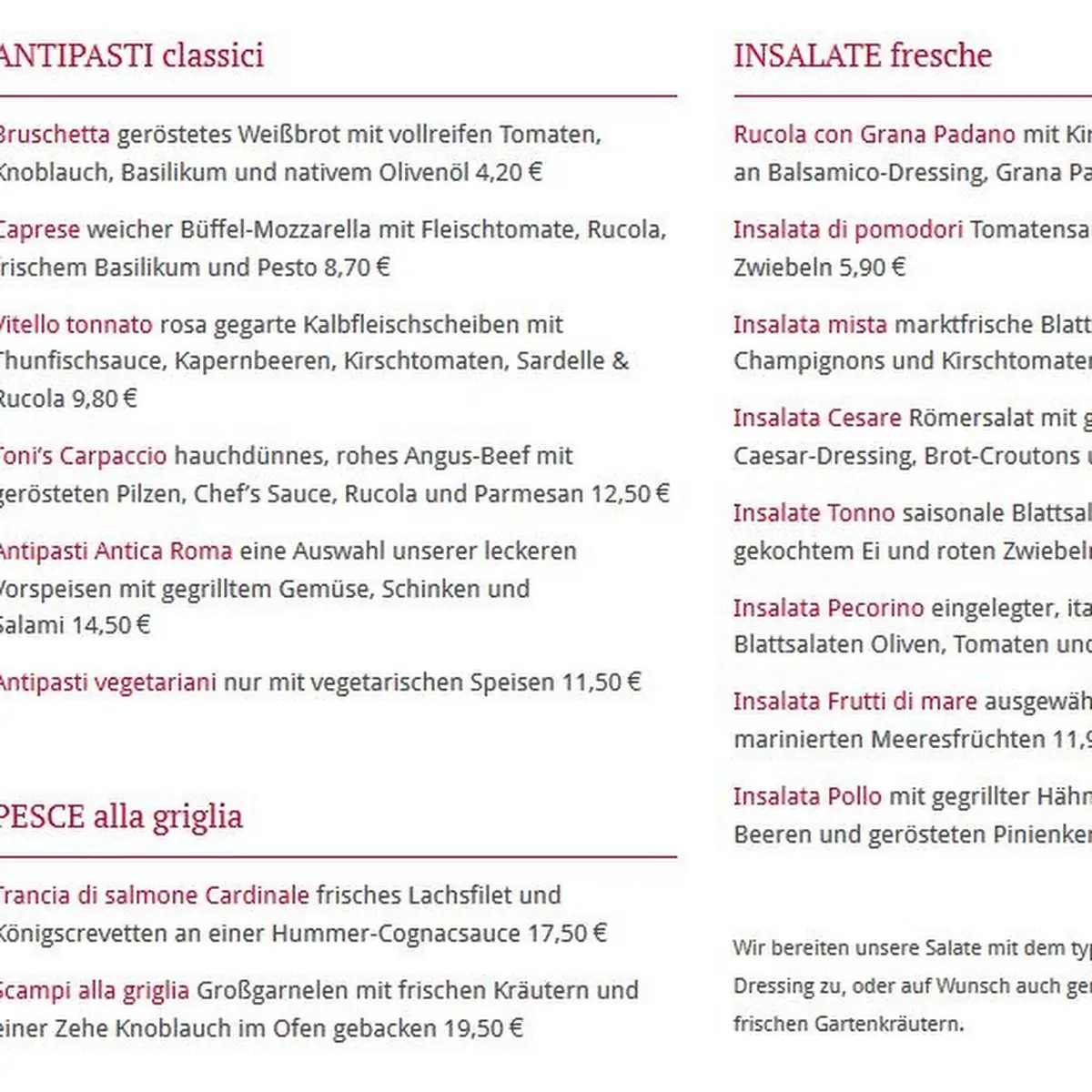 Speisekarte, Antica Roma Restaurant