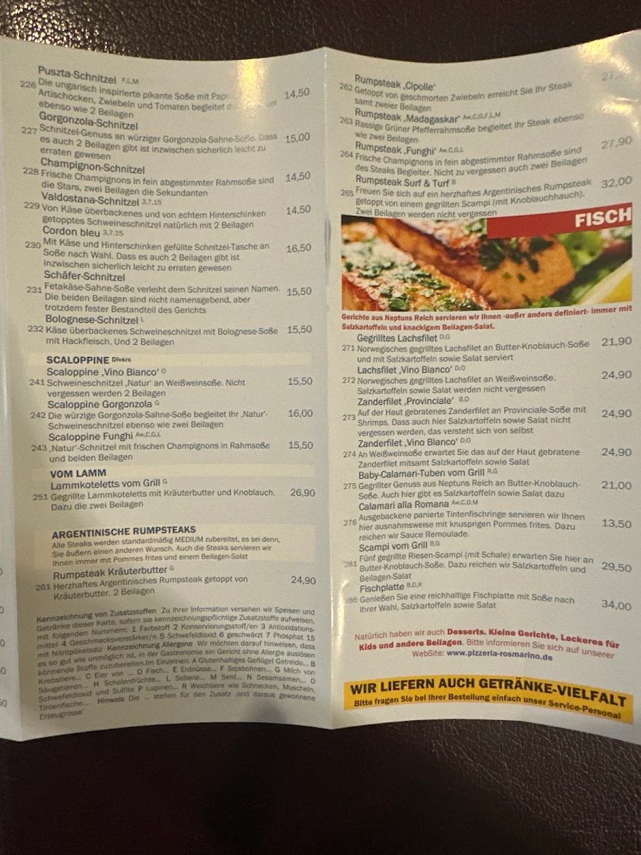 Speisekarte, Pizzeria Rosmarino Gründau