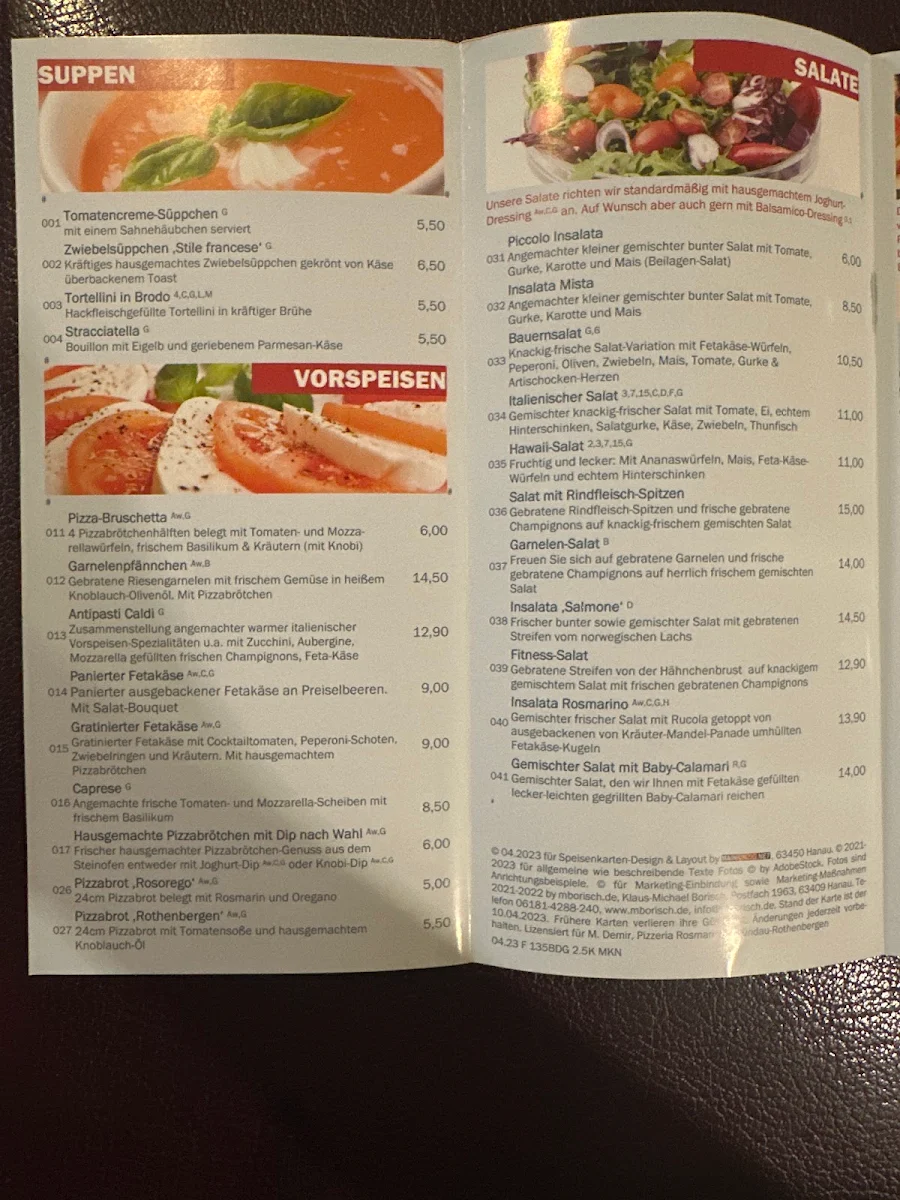 Speisekarte, Pizzeria Rosmarino Gründau