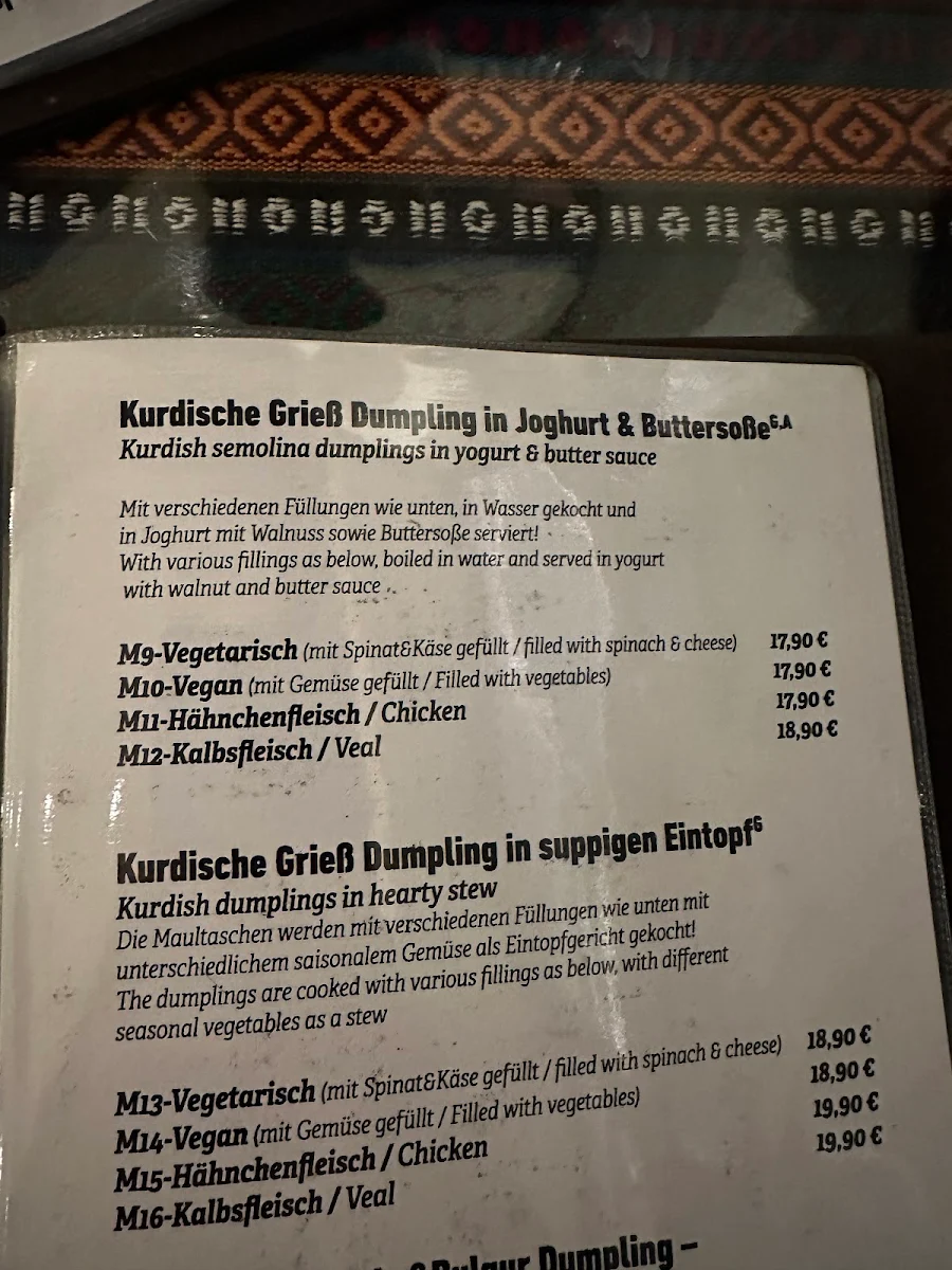 Speisekarte, Tenur - Kurdische Küche, Café, Bar