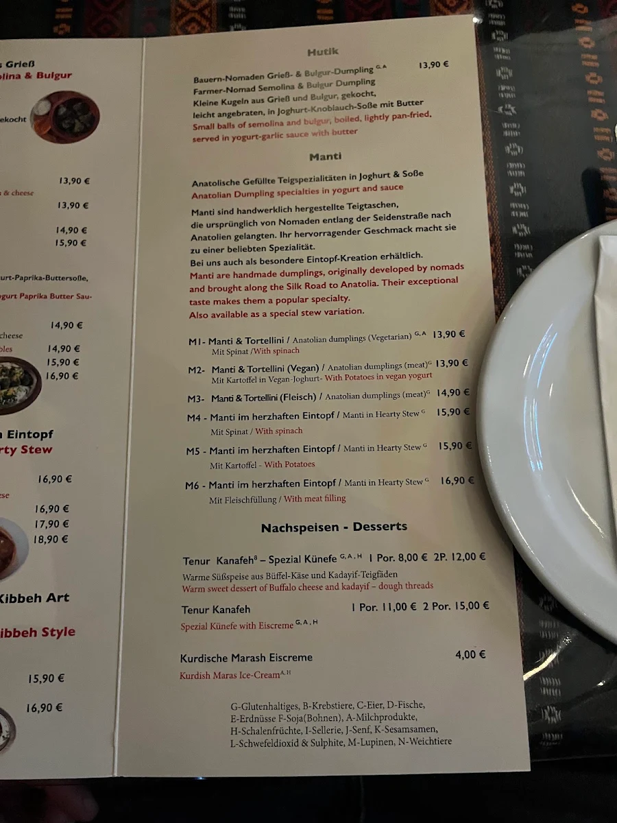 Speisekarte, Tenur - Kurdische Küche, Café, Bar