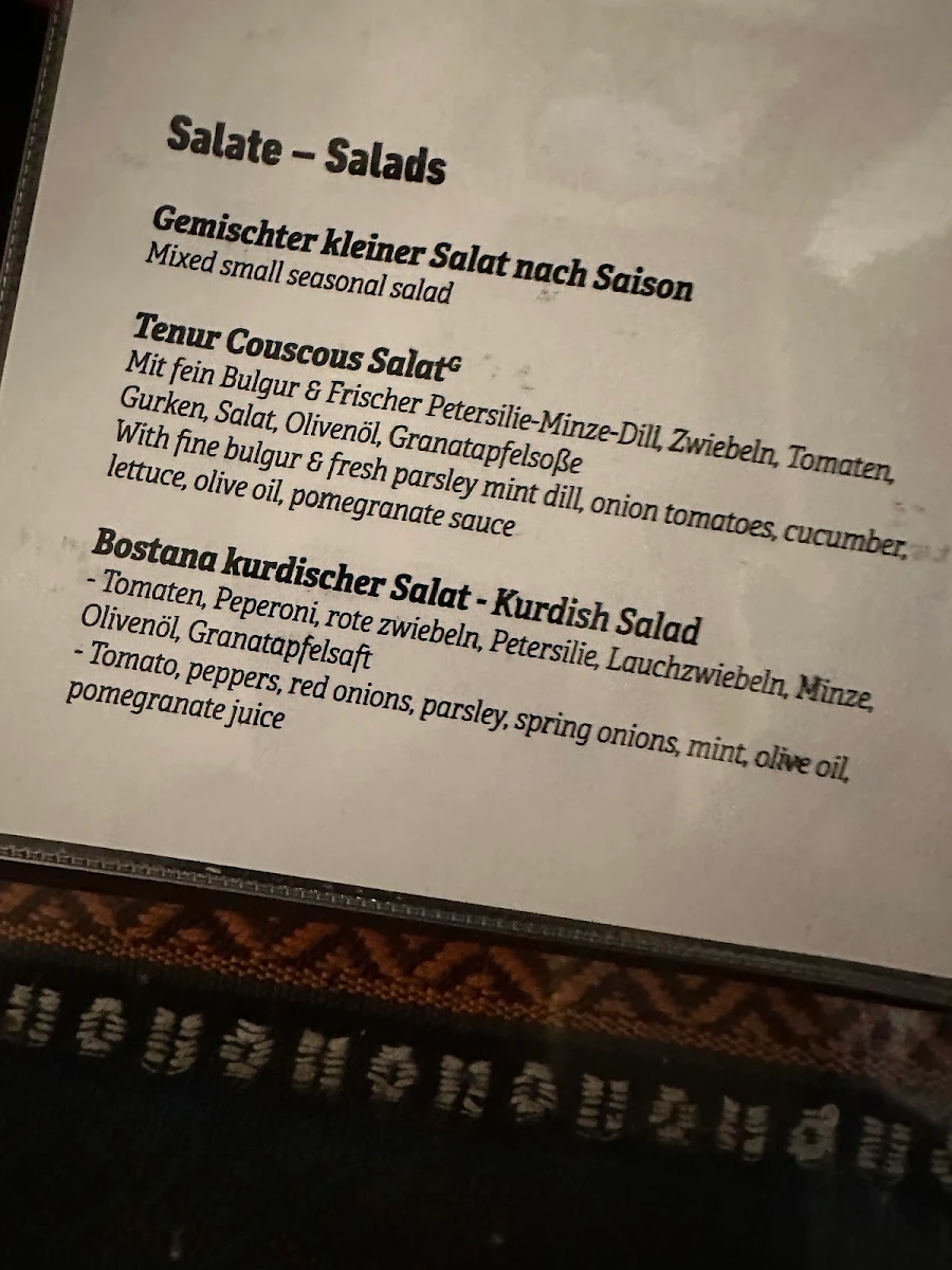 Speisekarte, Tenur - Kurdische Küche, Café, Bar