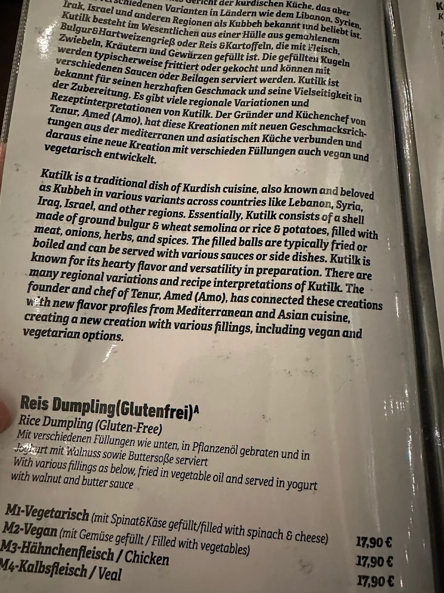 Speisekarte, Tenur - Kurdische Küche, Café, Bar
