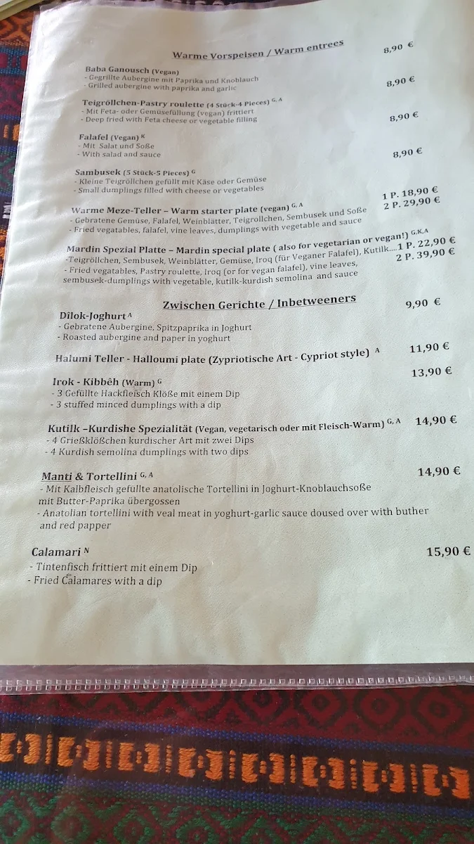 Speisekarte, Tenur - Kurdische Küche, Café, Bar