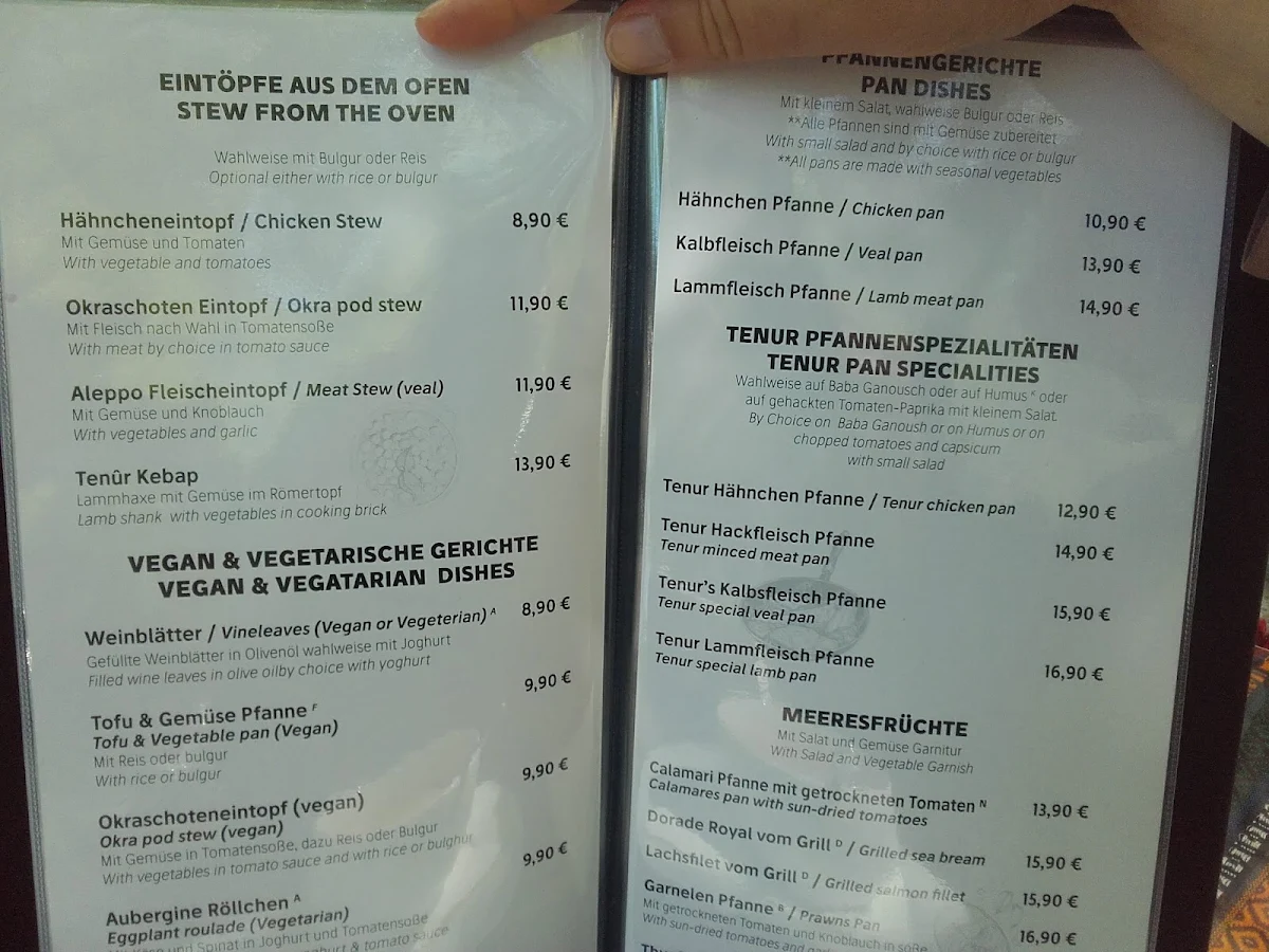 Speisekarte, Tenur - Kurdische Küche, Café, Bar