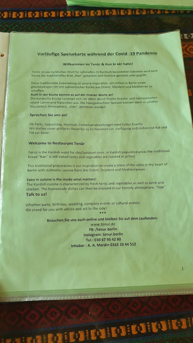 Speisekarte, Tenur - Kurdische Küche, Café, Bar