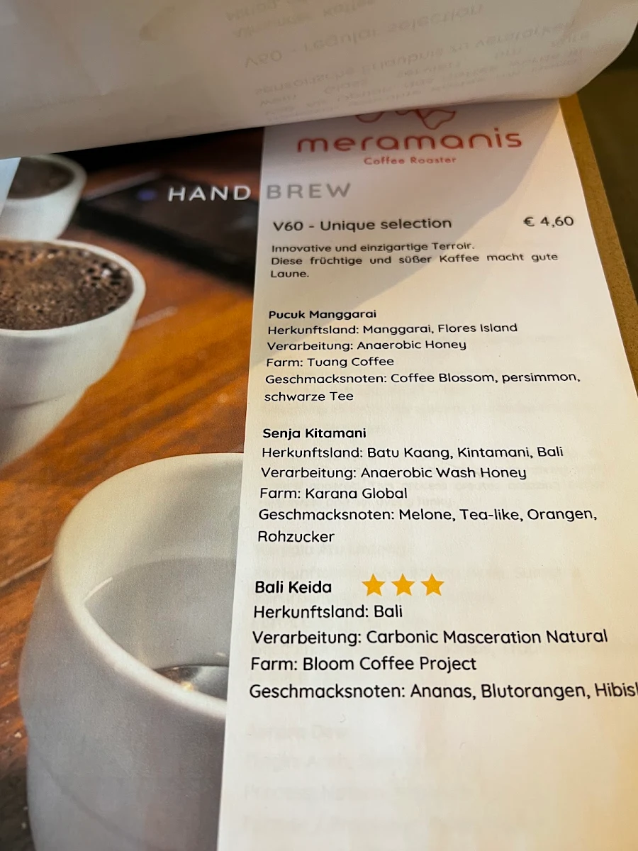 Speisekarte, Meramanis Kaffee Rösterei