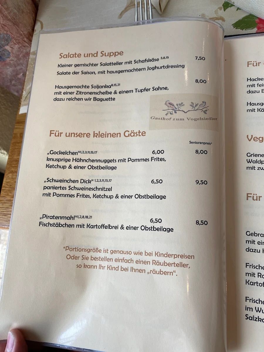 Speisekarte, Gasthof zum Vogelsiedler