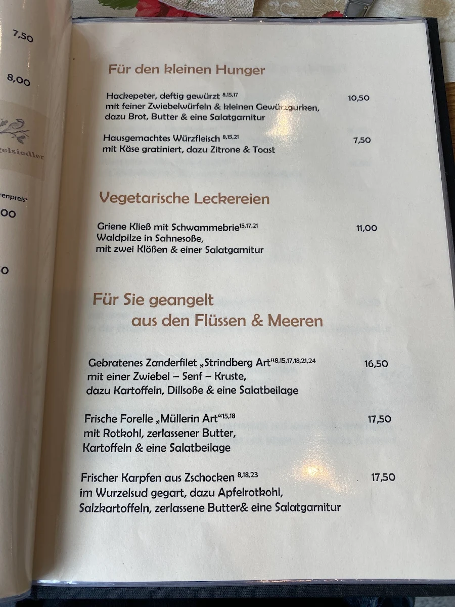 Speisekarte, Gasthof zum Vogelsiedler