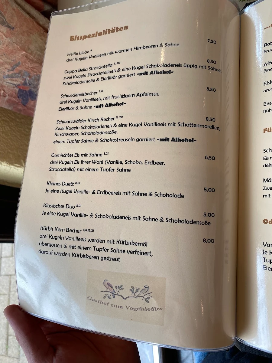 Speisekarte, Gasthof zum Vogelsiedler