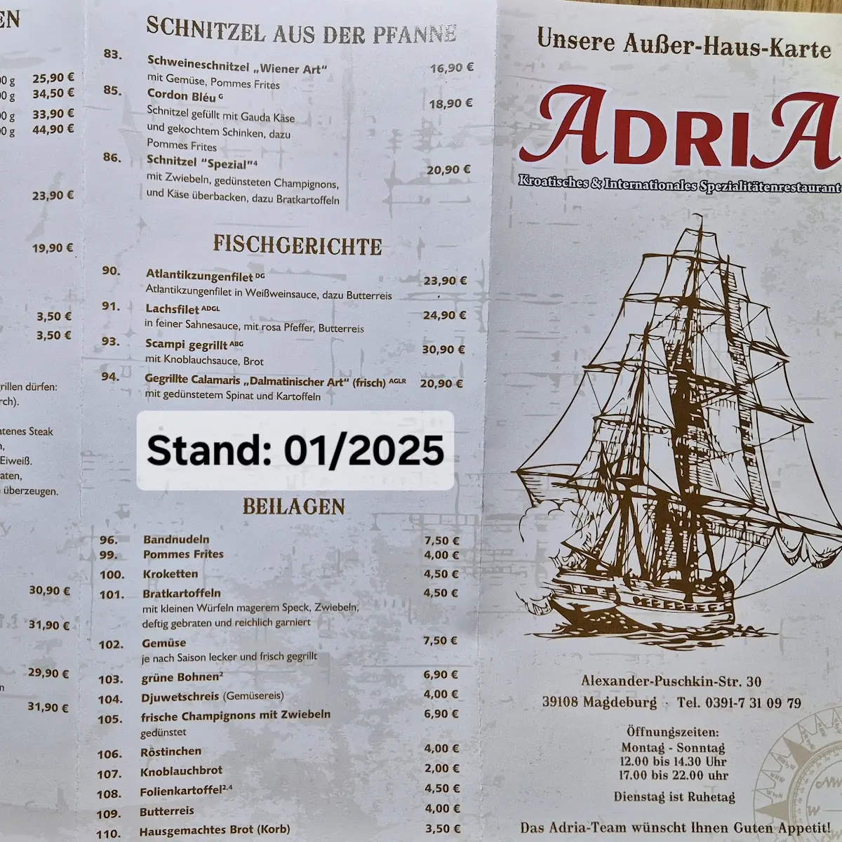 Speisekarte, Adria - Magdeburg