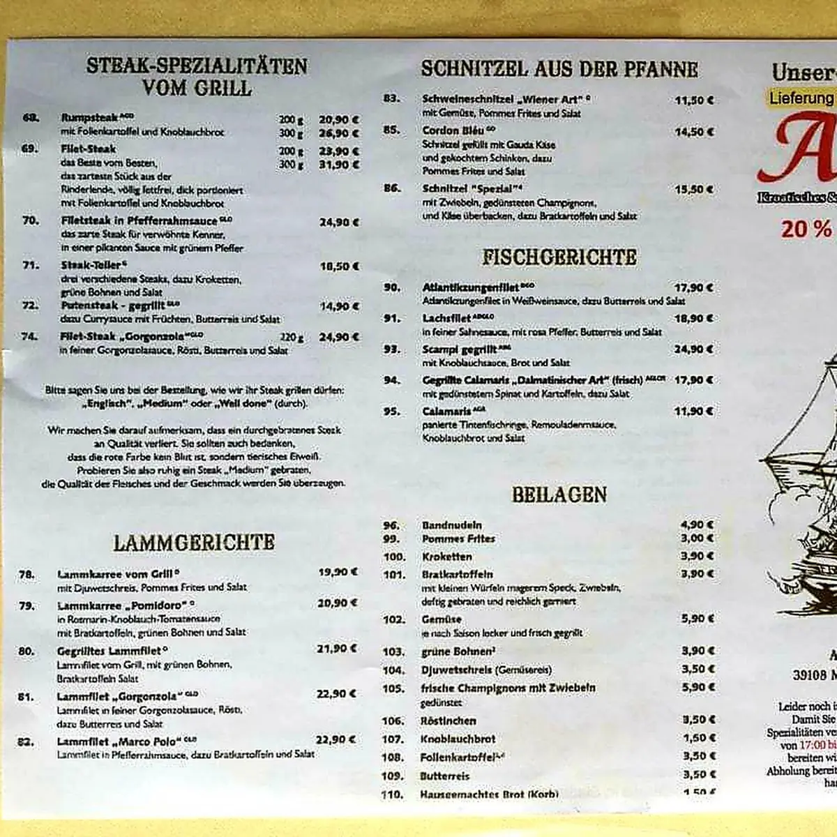Speisekarte, Adria - Magdeburg