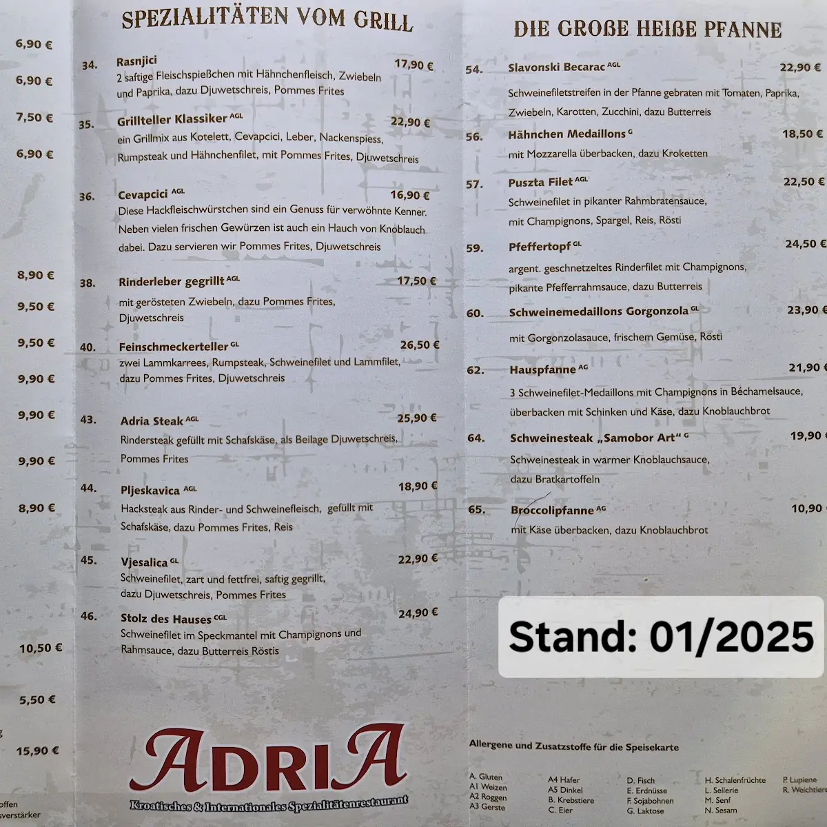 Speisekarte, Adria - Magdeburg