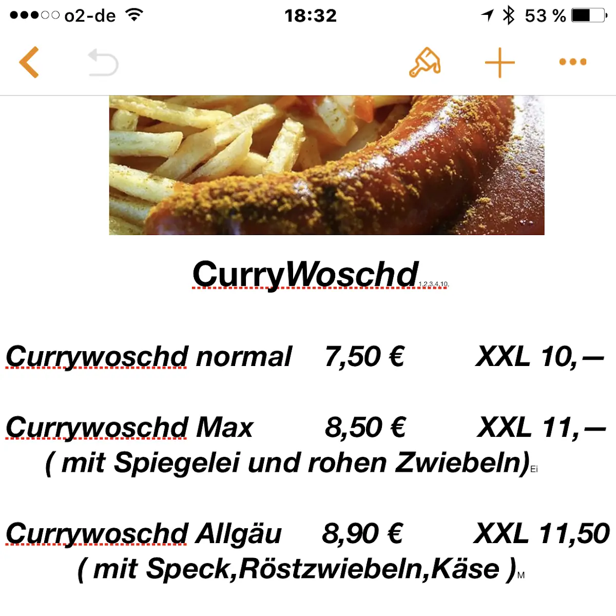 Speisekarte, Gasthaus Milan